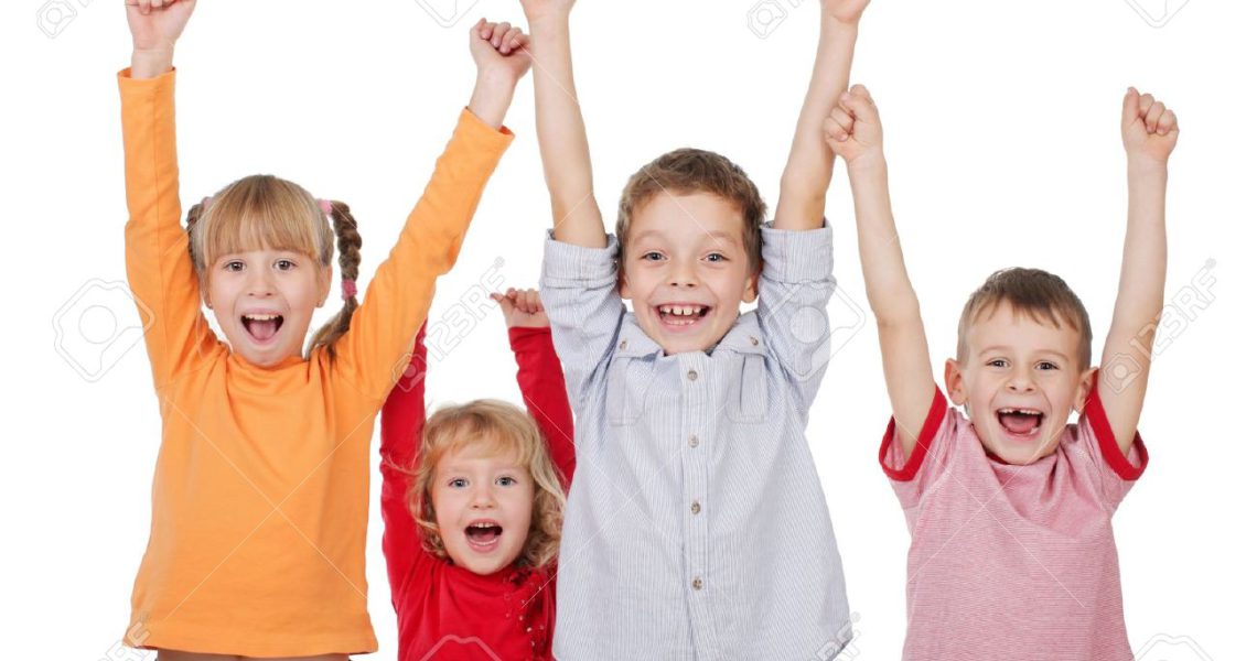 11204205-Happy-kids-with-their-hands-up-isolated-on-white-Stock-Photo-children