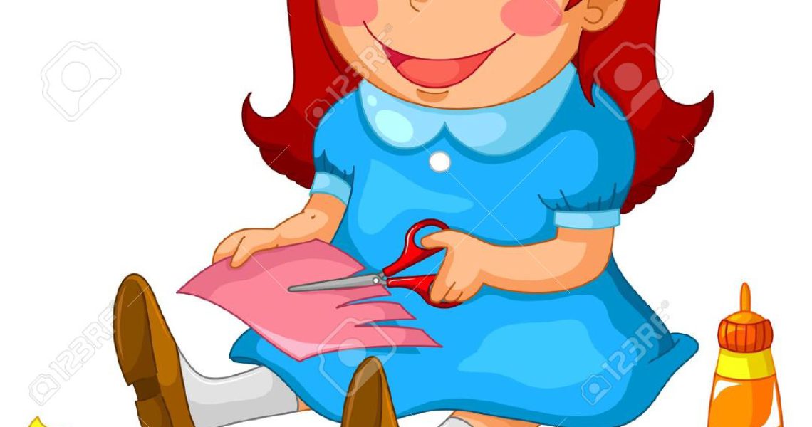 17899828-little-girl-making-crafts-from-paper-Stock-Vector-cutting-paper-scissors