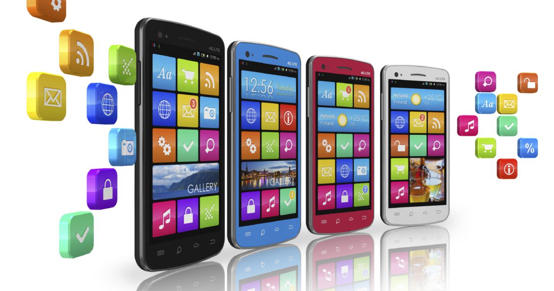 Mobile communications and social networking concept: row of touchscreen smartphones with cloud of application icons isolated on white reflective background